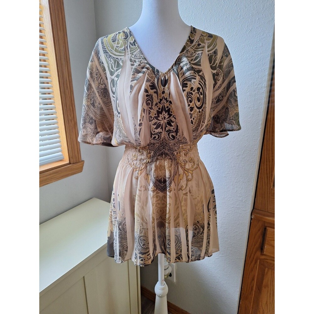 Dressbarn Blouse Bohemian Green/Olive Color Cinch Waist Flutter Sleeves Womens